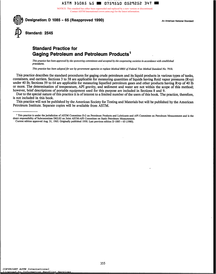 ASTM D1085-65(1990) - Practice for Gauging Petroleum and Petroleum Products (Available as Separate Reprint Only) (Withdrawn 1995)