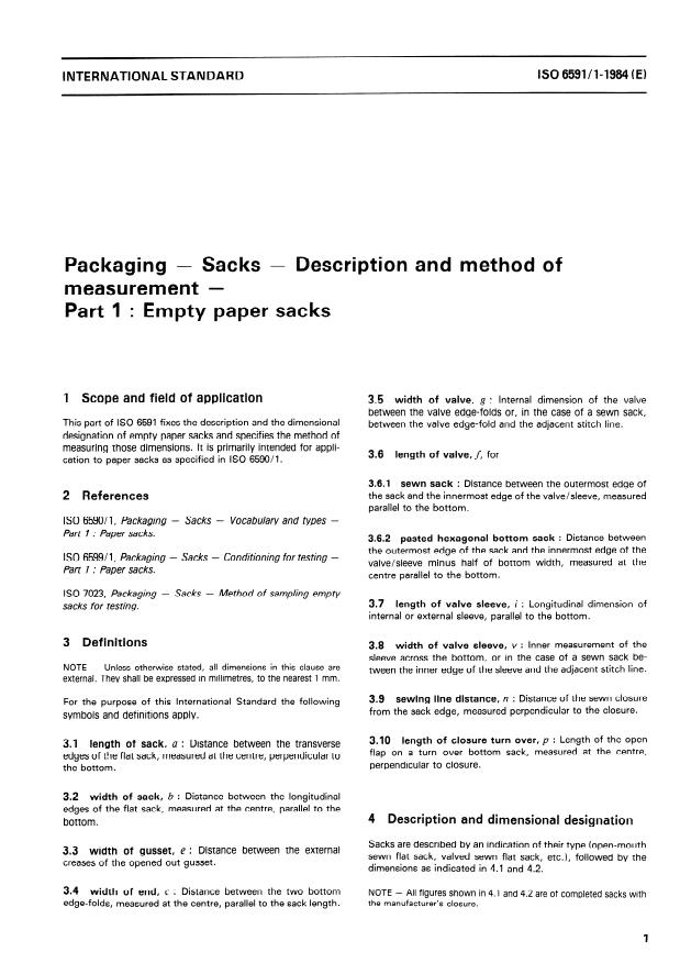 ISO 6591-1:1984 - Packaging -- Sacks -- Description and method of measurement