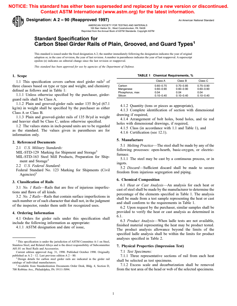 ASTM A2-90(1997) - Standard Specification for Carbon Steel Girder Rails of Plain, Grooved, and Guard Types