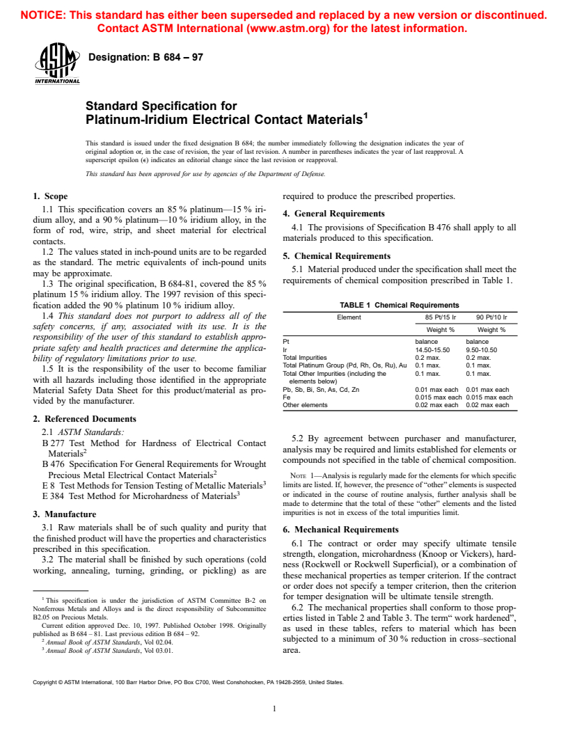 ASTM B684-97 - Standard Specification for Platinum-Iridium Electrical Contact Materials