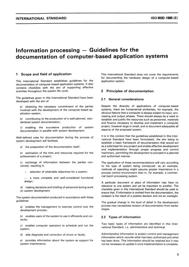 ISO 6592:1985 - Information processing -- Guidelines for the documentation of computer-based application systems