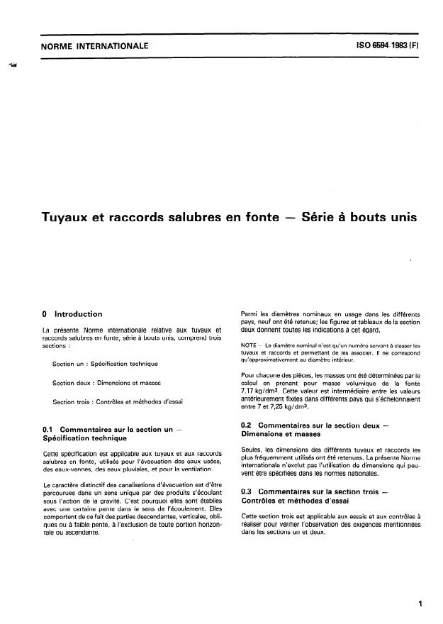 ISO 6594:1983 - Tuyaux et raccords salubres en fonte -- Série a bouts unis