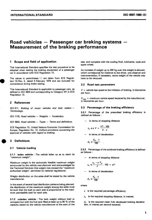 ISO 6597:1980 - Road vehicles -- Passenger car braking systems -- Measurement of the braking performance