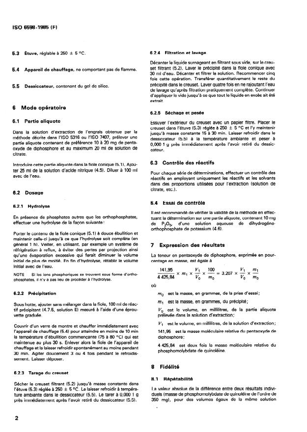ISO 6598:1985 ISO 6598:1985 - Engrais -- Dosage du phosphore -- Méthode gravimétrique au phosphomolybdate de quinoléine - Page 4 preview