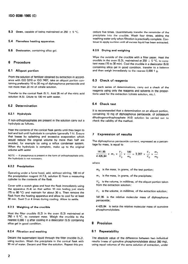 ISO 6598:1985 ISO 6598:1985 - Fertilizers -- Determination of phosphorus content -- Quinoline phosphomolybdate gravimetric method - Page 4 preview