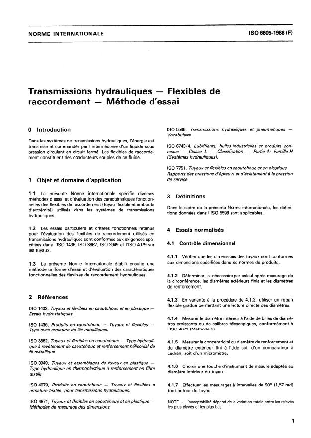 ISO 6605:1986 - Transmissions hydrauliques -- Flexibles de raccordement -- Méthode d'essai