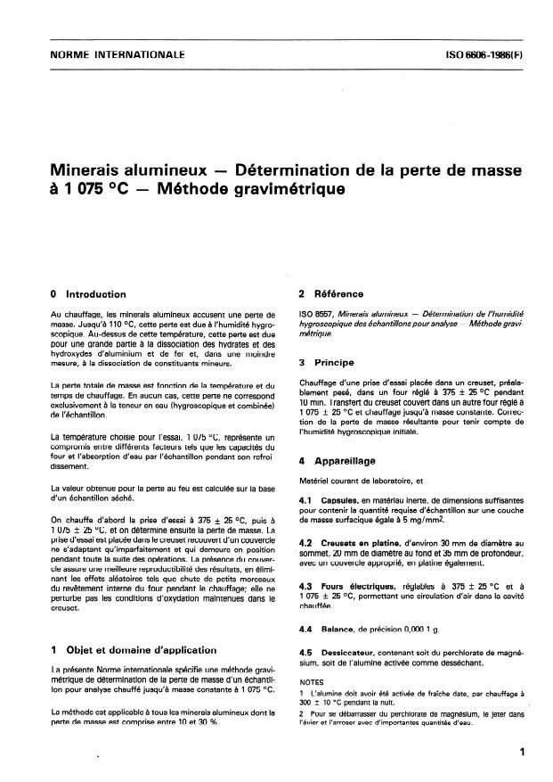 ISO 6606:1986 - Minerais alumineux -- Détermination de la perte de masse a 1 075 degrés C -- Méthode gravimétrique