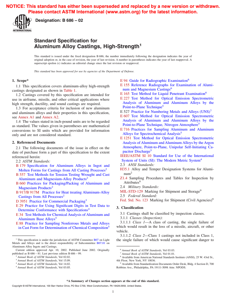 ASTM B686-02 - Standard Specification for Aluminum Alloy Castings, High-Strength