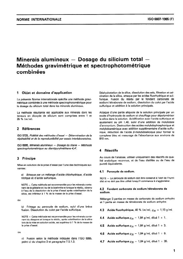 ISO 6607:1985 - Minerais alumineux -- Dosage du silicium total -- Méthodes gravimétrique et spectrophotométrique combinées