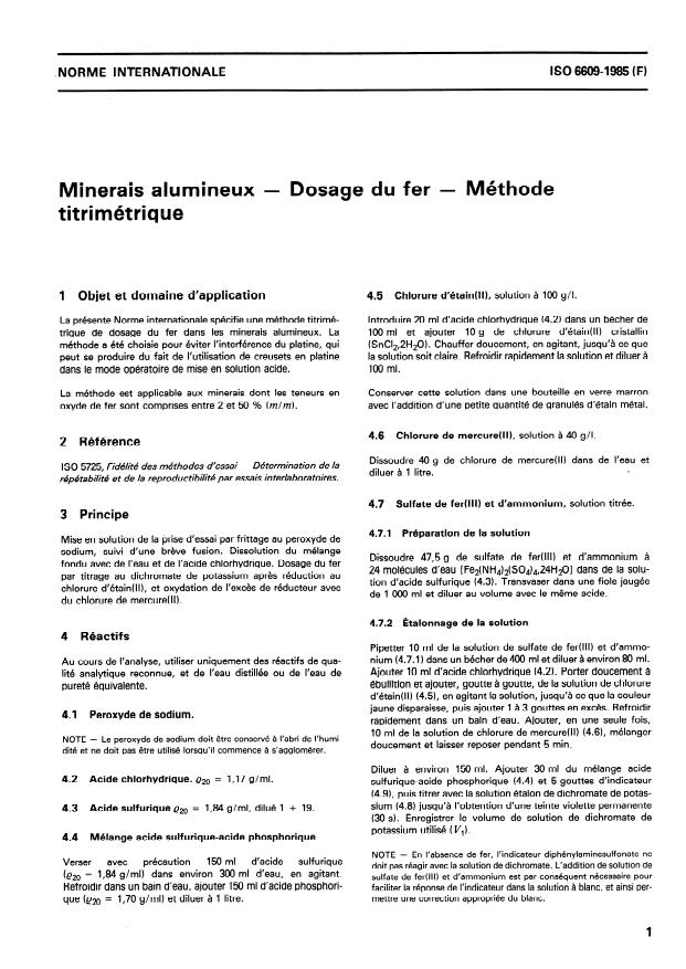ISO 6609:1985 - Minerais alumineux -- Dosage du fer -- Méthode titrimétrique
