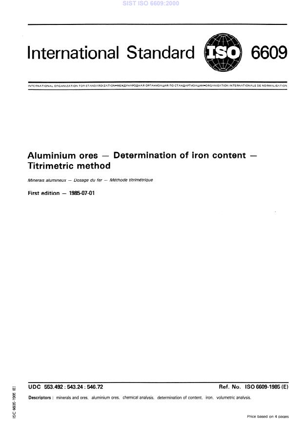 ISO 6609:1985 - Minerais alumineux -- Dosage du fer -- Méthode titrimétrique
