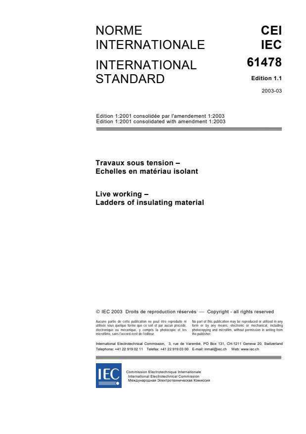 IEC 61478:2001+AMD1:2003 CSV - Live working - Ladders of insulating material
