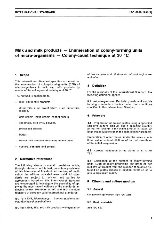 ISO 6610:1992 - Milk and milk products -- Enumeration of colony-forming units of micro-organisms -- Colony-count technique at 30 degrees C
