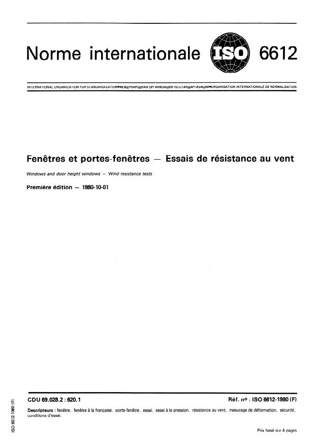 ISO 6612:1980 - Fenetres et portes-fenetres -- Essais de résistance au vent