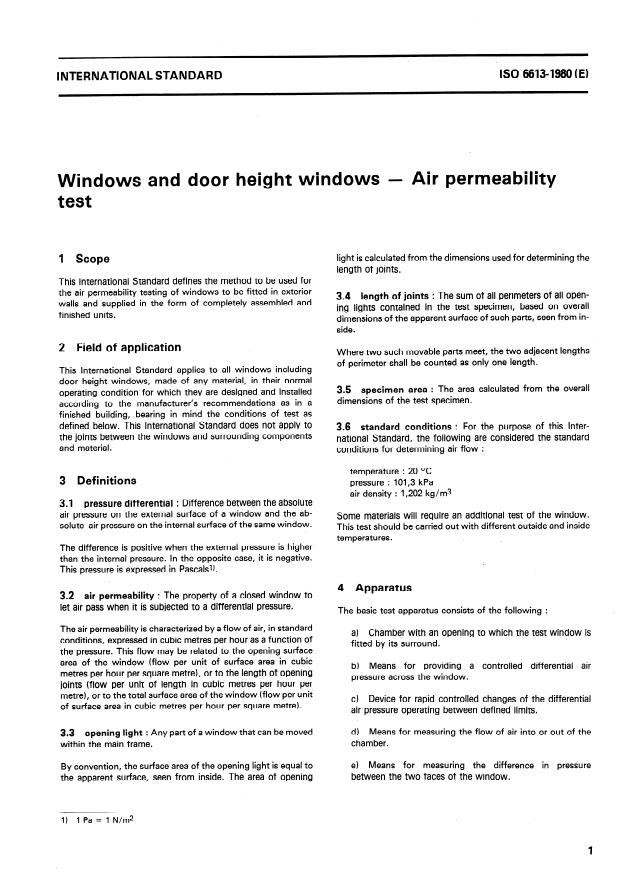 ISO 6613:1980 - Windows and door height windows -- Air permeability test