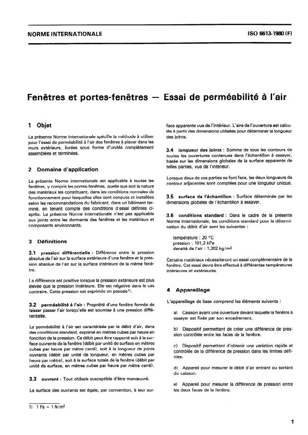ISO 6613:1980 - Fenetres et portes-fenetres -- Essai de perméabilité a l'air