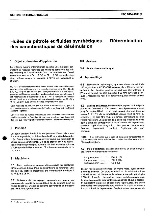 ISO 6614:1983 - Huiles de pétrole et fluides synthétiques -- Détermination des caractéristiques de désémulsion
