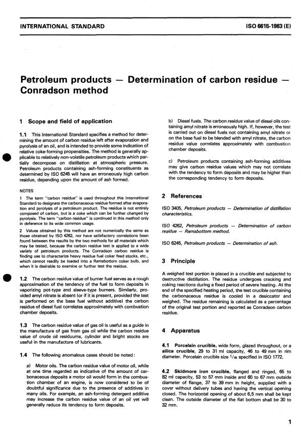 ISO 6615:1983 - Petroleum products -- Determination of carbon residue -- Conradson method