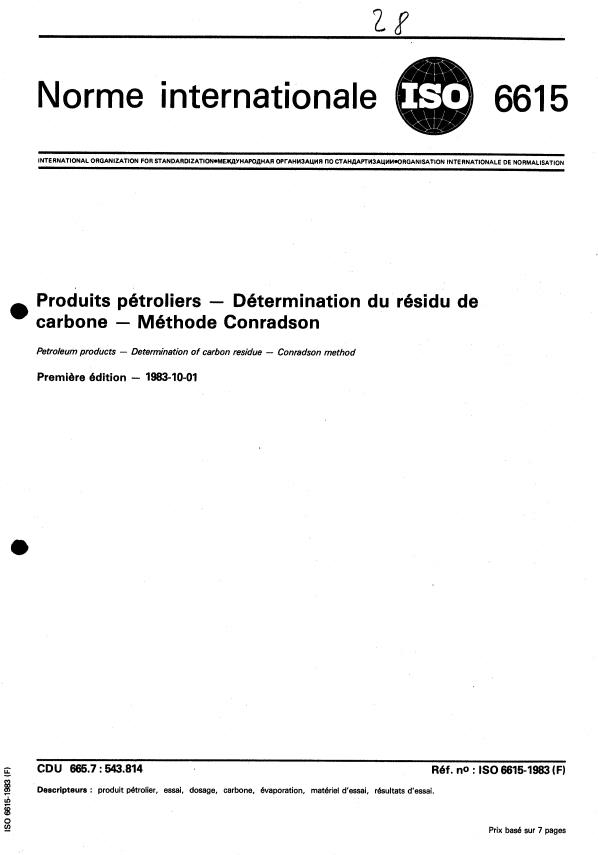 ISO 6615:1983 - Produits pétroliers -- Détermination du résidu de carbone -- Méthode Conradson