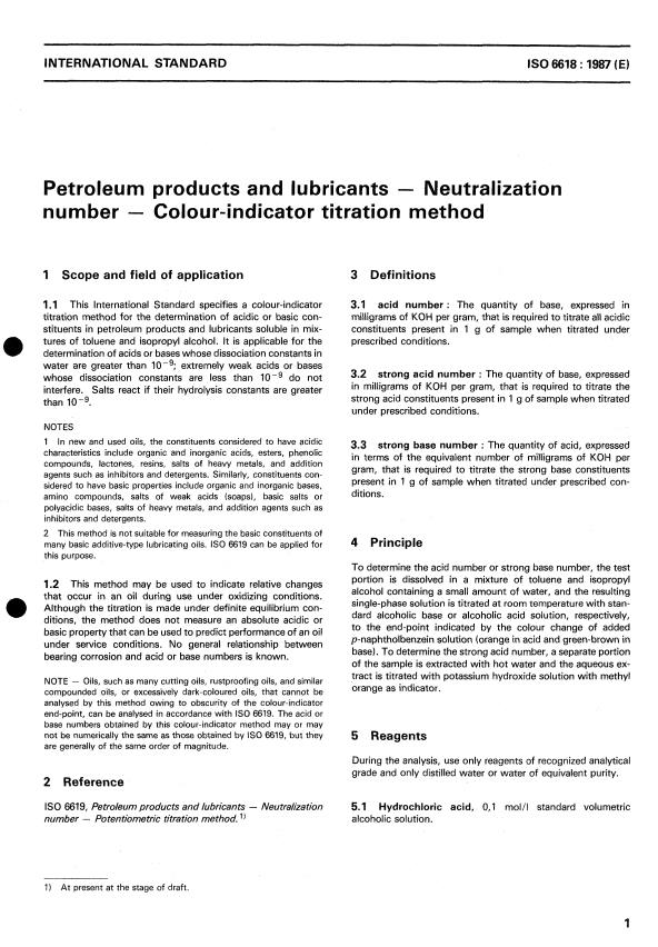 ISO 6618:1987 - Petroleum products and lubricants -- Neutralization number -- Colour-indicator titration method