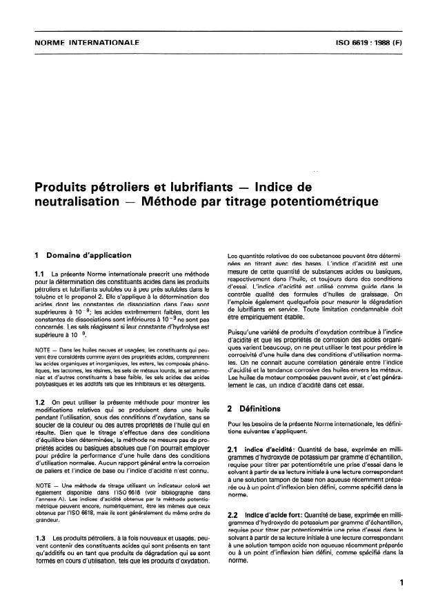 ISO 6619:1988 - Produits pétroliers et lubrifiants -- Indice de neutralisation -- Méthode par titrage potentiométrique