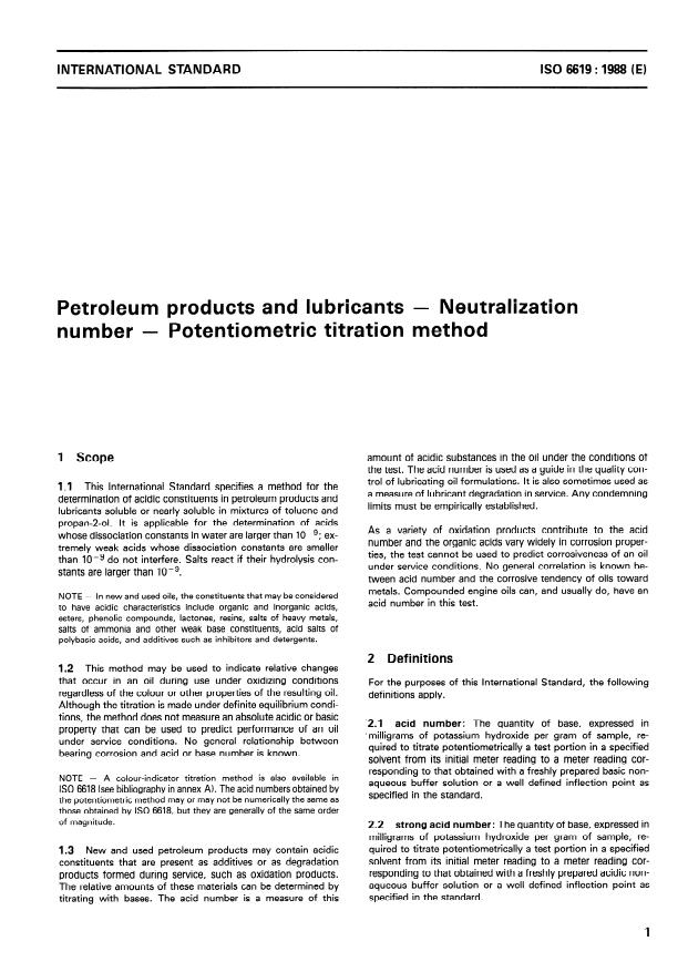 ISO 6619:1988 - Petroleum products and lubricants -- Neutralization number -- Potentiometric titration method