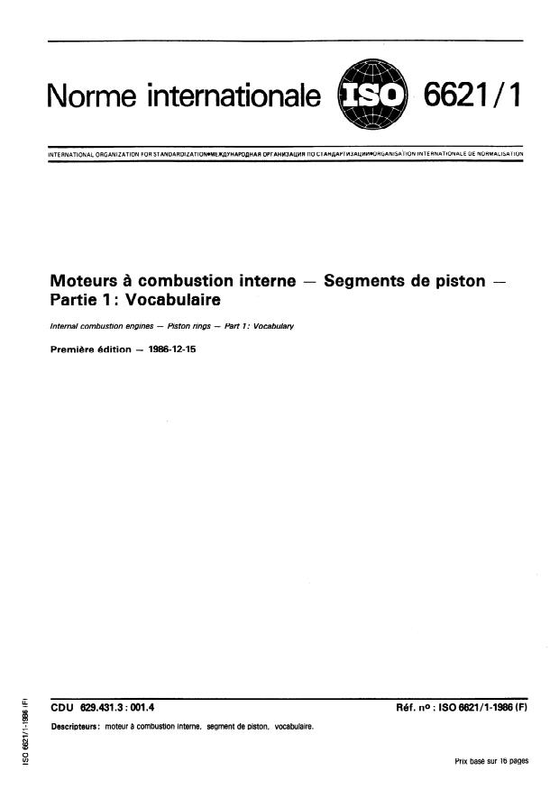 ISO 6621-1:1986 - Moteurs a combustion interne -- Segments de piston