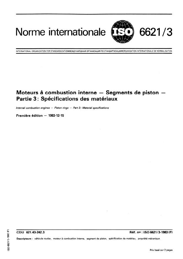 ISO 6621-3:1983 - Moteurs a combustion interne -- Segments de piston
