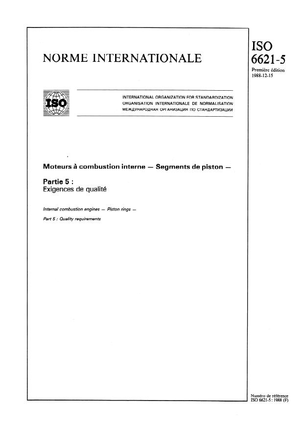 ISO 6621-5:1988 - Moteurs a combustion interne -- Segments de piston
