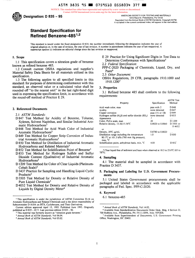 ASTM D835-95 - Specification for Refined Benzene-485 (Withdrawn 1997)