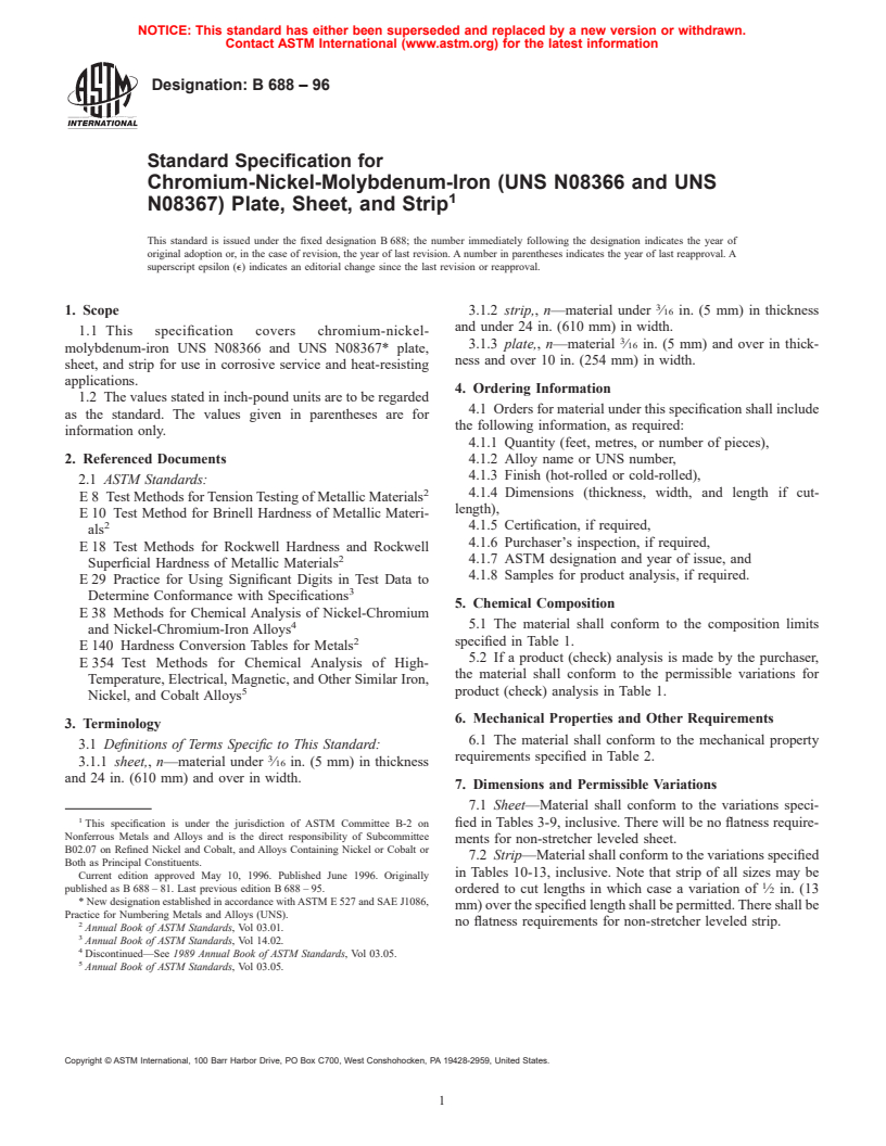 ASTM B688-96 - Standard Specification for Chromium-Nickel-Molybdenum-Iron (UNS N08366 and UNS N08367) Plate, Sheet, and Strip