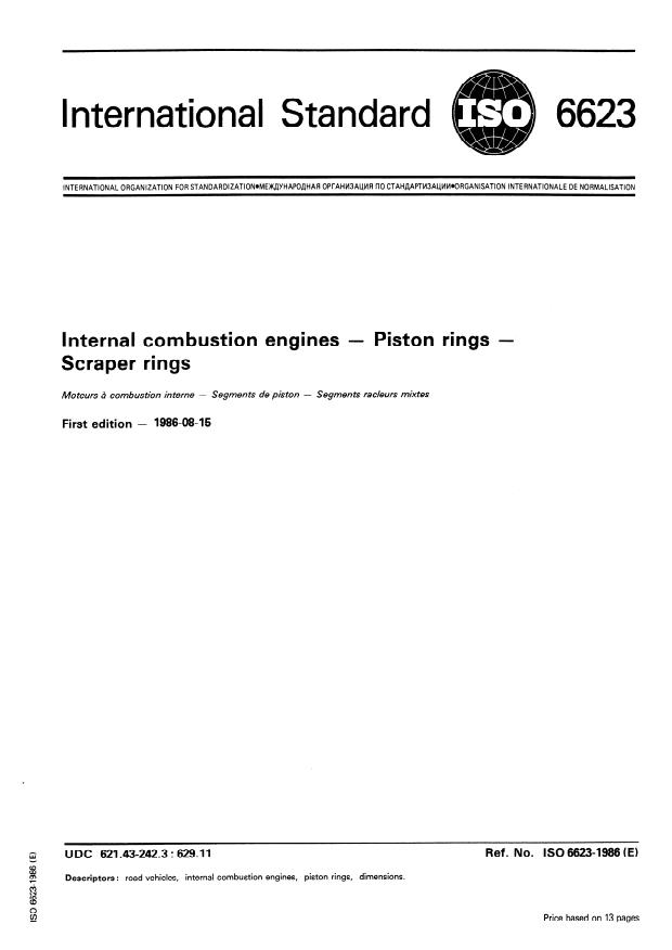 ISO 6623:1986 - Internal combustion engines -- Piston rings -- Scraper rings