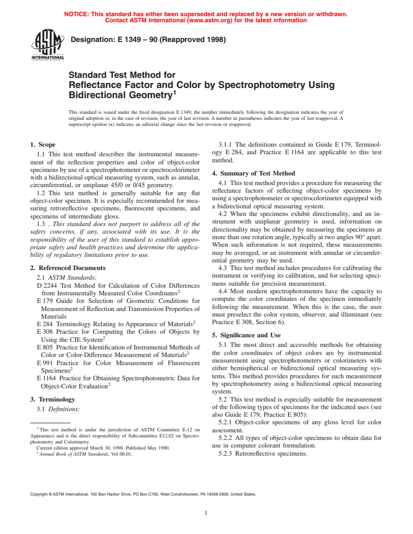 ASTM E1349-90(1998) - Standard Test Method for Reflectance Factor and Color by Spectrophotometry Using Bidirectional Geometry