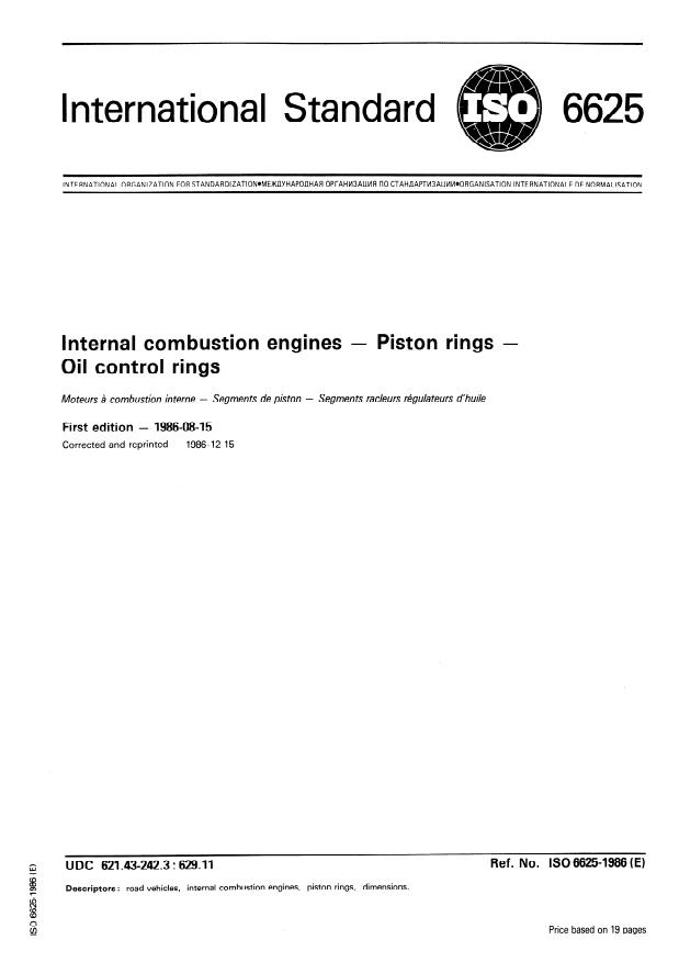 ISO 6625:1986 - Internal combustion engines -- Piston rings -- Oil control rings