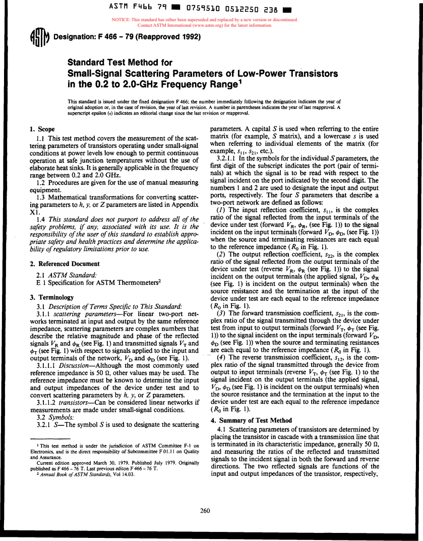 ASTM F466-79(1992) - Test Method for Small-Signal Scattering Parameters of Low-Power Transistors in the 0.2 to 2.0 GHZ Frequency Range (Withdrawn 1997)