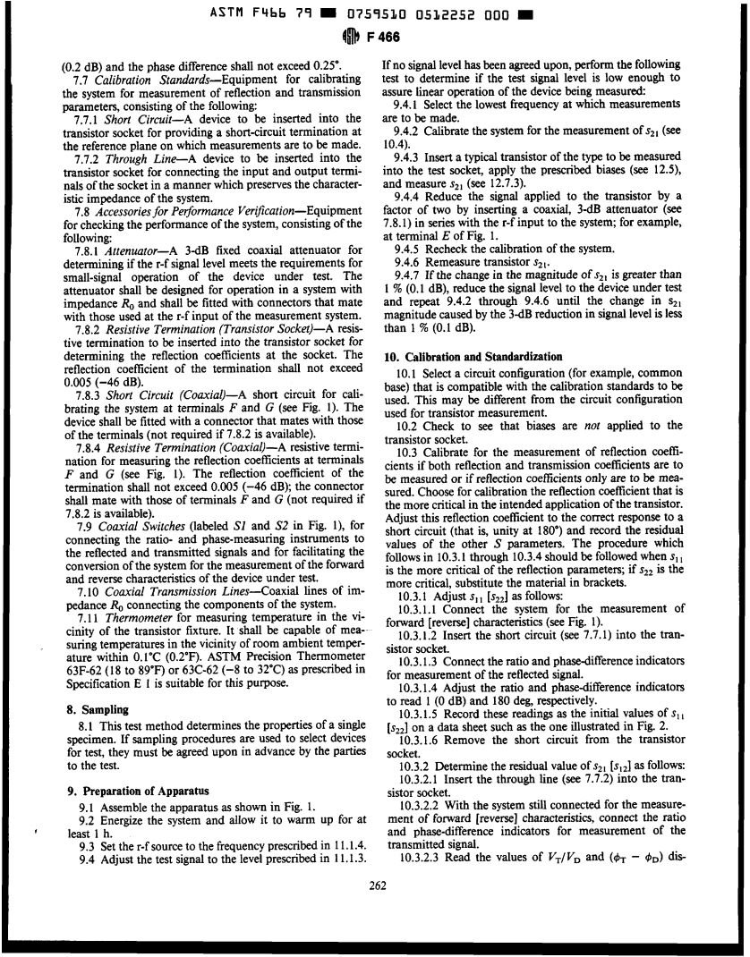 ASTM F466-79(1992) - Test Method for Small-Signal Scattering Parameters of Low-Power Transistors in the 0.2 to 2.0 GHZ Frequency Range (Withdrawn 1997)