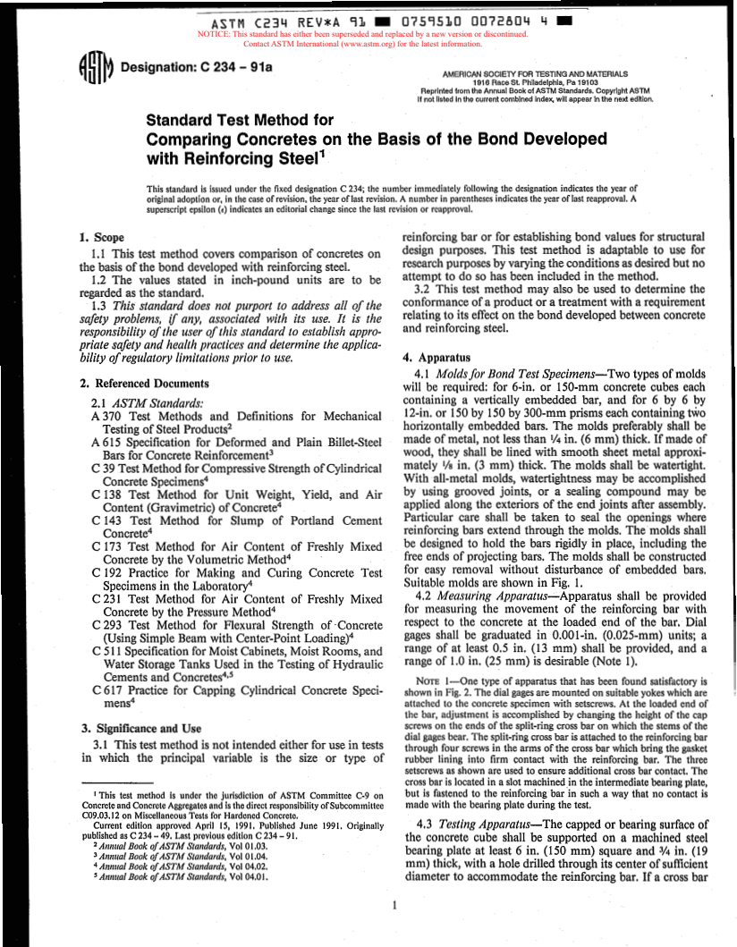 ASTM C234-91a - Standard Test Method for Comparing Concretes on the Basis of the Bond Developed with Reinforcing Steel (Withdrawn 2000)