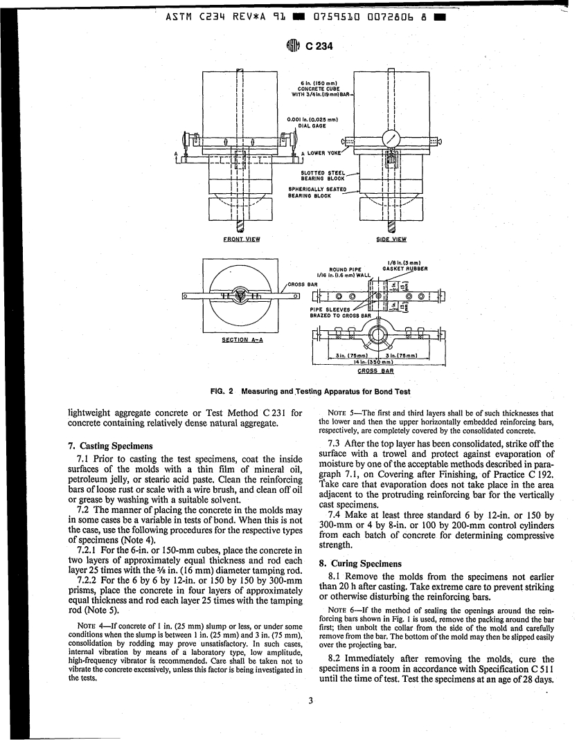 ASTM C234-91a - Standard Test Method for Comparing Concretes on the Basis of the Bond Developed with Reinforcing Steel (Withdrawn 2000)