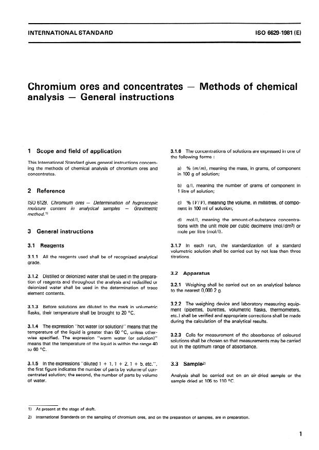ISO 6629:1981 - Chromium ores and concentrates -- Methods of chemical analysis -- General instructions