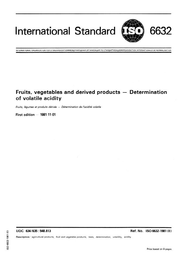 ISO 6632:1981 - Fruits, vegetables and derived products -- Determination of volatile acidity