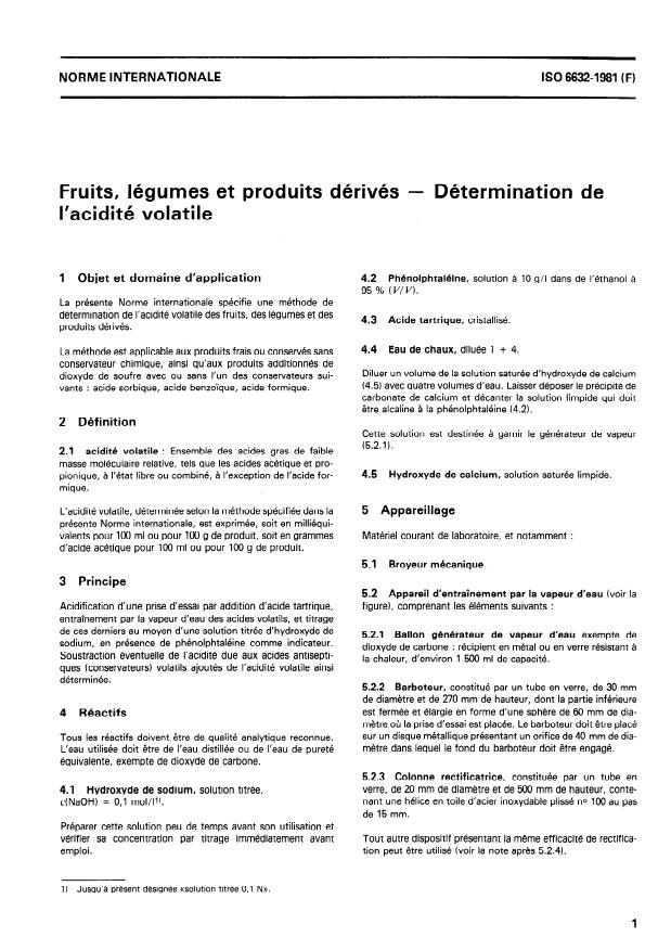 ISO 6632:1981 - Fruits, légumes et produits dérivés -- Détermination de l'acidité volatile