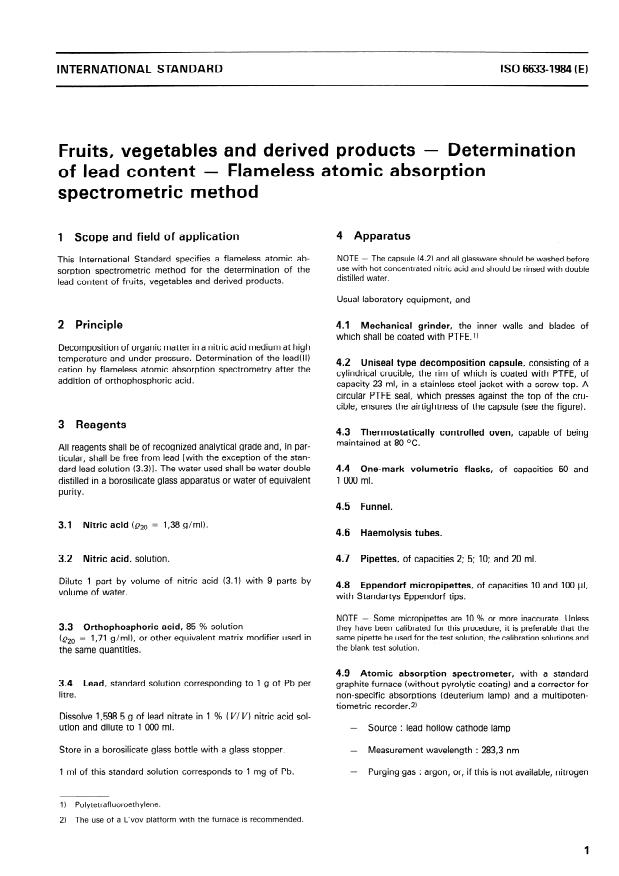 ISO 6633:1984 - Fruits, vegetables and derived products -- Determination of lead content -- Flameless atomic absorption spectrometric method