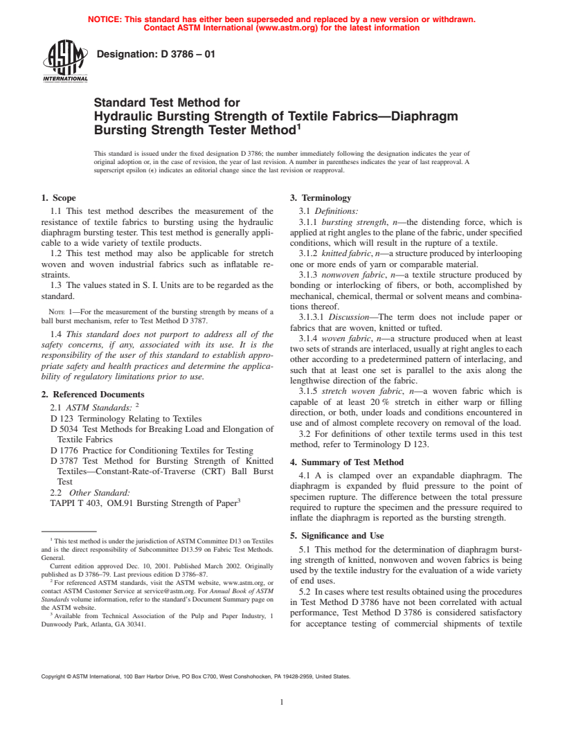 ASTM D3786-01 - Standard Test Method for Hydraulic Bursting Strength of Textile Fabrics-Diaphragm Bursting Strength Tester Method