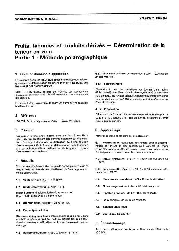 ISO 6636-1:1986 - Fruits, légumes et produits dérivés -- Détermination de la teneur en zinc