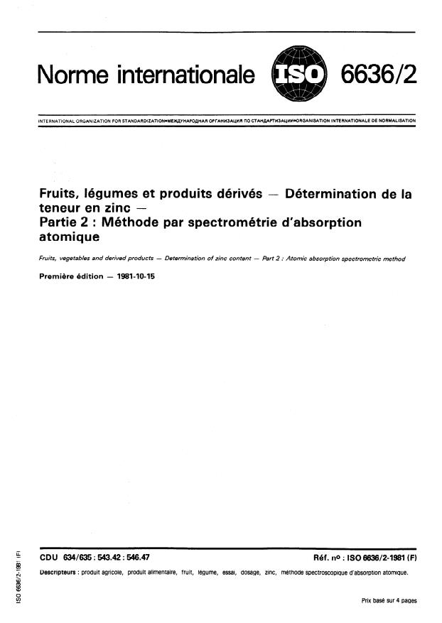 ISO 6636-2:1981 - Fruits, légumes et produits dérivés -- Détermination de la teneur en zinc