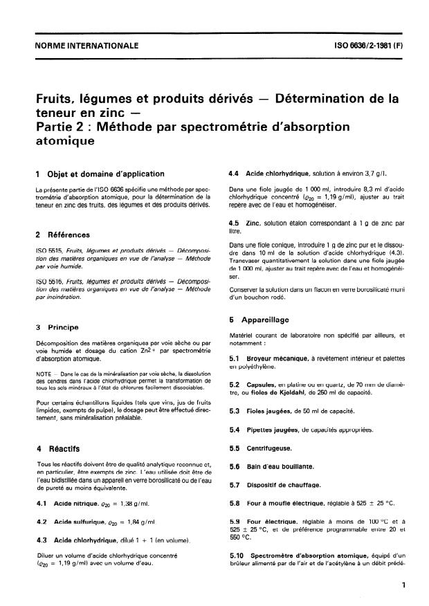 ISO 6636-2:1981 - Fruits, légumes et produits dérivés -- Détermination de la teneur en zinc