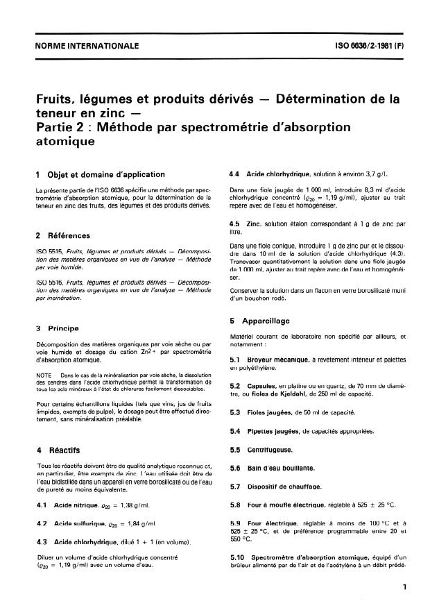 ISO 6636-2:1981 - Fruits, légumes et produits dérivés -- Détermination de la teneur en zinc