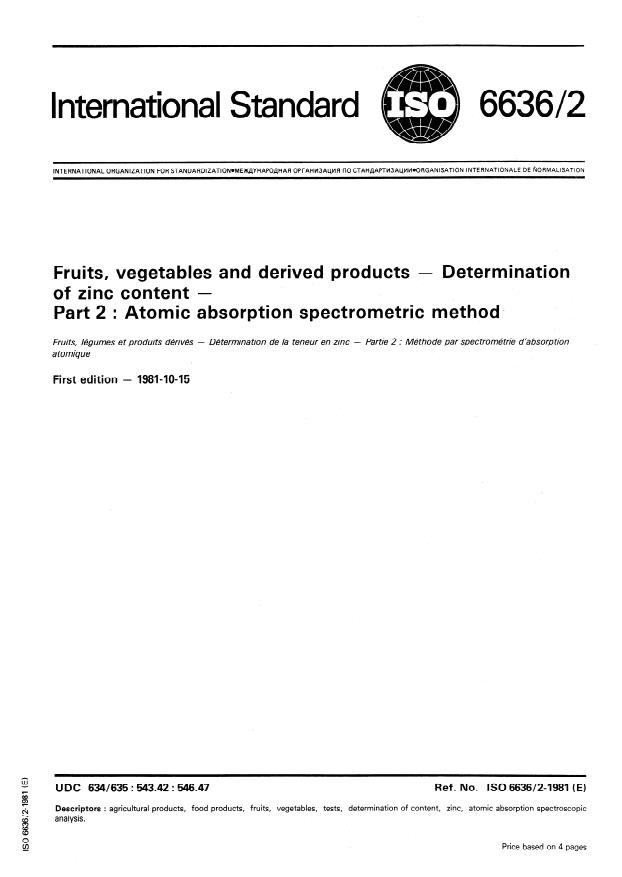 ISO 6636-2:1981 - Fruits, vegetables and derived products -- Determination of zinc content