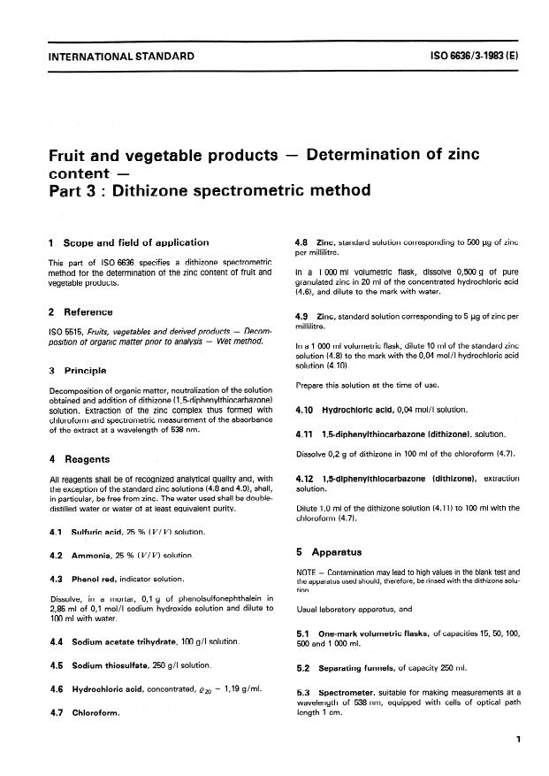 ISO 6636-3:1983 - Fruit and vegetable products -- Determination of zinc content
