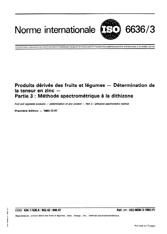 ISO 6636-3:1983 - Produits dérivés des fruits et légumes -- Détermination de la teneur en zinc